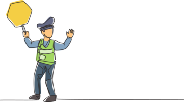 Continuous one line drawing policeman in full uniform and lifting traffic signs are controlling the crowds of vehicles during office rush hour. Single line draw design graphic illustration. png