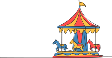 Single continuous line drawing of a horse carousel in an amusement park spinning in a circle under a striped tent with a flag on it. Play on funfair. One line draw graphic design illustration. png