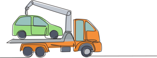 Single continuous line drawing tow truck is transporting a broken car on top of it with a crane. The car is taken to the garage for service. Dynamic one line draw graphic design illustration. png