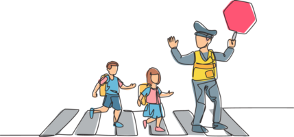 Continuous one line drawing of primary school students crossing the road on the zebra crossing are helped by traffic police holding stop signs. Single line draw design graphic illustration. png