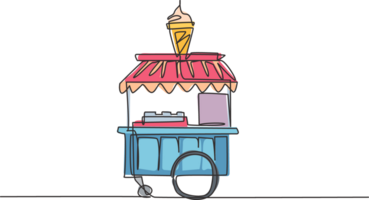 Single one line drawing of ice cream booth at amusement park using a two-wheeled cart with an ice cream logo. Sweet and very tasty food concept. Continuous line draw design graphic illustration png