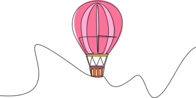 Single one line drawing of hot air balloon with stripe pattern and a passenger basket flying high into the sky. Vacation experience . Modern continuous line draw design graphic illustration. png