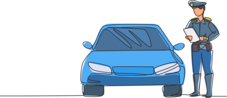 Single continuous line drawing policeman with uniform is ticketing a driver who uses a car for violating traffic signs. Regulations must be enforced. One line draw graphic design illustration. png