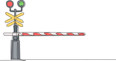 Continuous one line drawing a railway barrier with stripes, signs, and warning lights closes railroad crossings to prevent vehicles from entering. Single line draw design graphic illustration. png