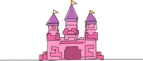 enda kontinuerlig linje teckning en slott i ett nöje parkera med tre torn och en flagga på varje tak. fort byggnad den där berättar av liv i en rike. ett linje dra grafisk design illustration png
