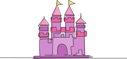 Single one line drawing of castle in an amusement park with four towers and two flags on it. A fort that contains an atmosphere in a fairy tale. Continuous line draw design graphic illustration png