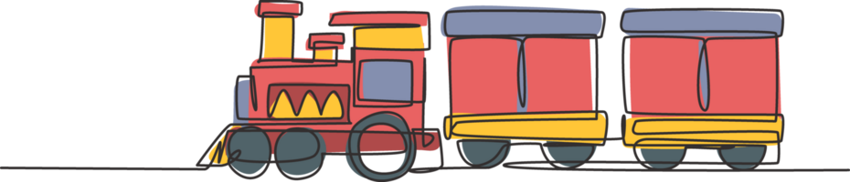 single een lijn tekening van een trein locomotief met twee rijtuigen in de het formulier van een zwervend stoom- systeem in amusement park naar vervoer passagiers. doorlopend lijn trek ontwerp grafisch illustratie png