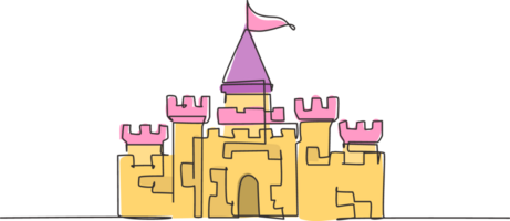 Continuous one line drawing, a castle in an amusement park with five towers and one flag above it. A palace where a happy royal family lived. Single line draw design graphic illustration. png