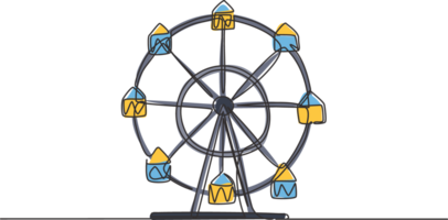 Continuous one line drawing of a ferris wheel in an amusement park, a circular circle turning high in the sky. Fun play at public funfair festival. Single line draw design graphic illustration png