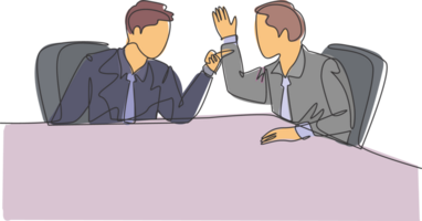 One single line drawing of young angry businessman pointing finger to his shouting colleague then they blaming eachothers. Business problem concept continuous line draw design illustration png