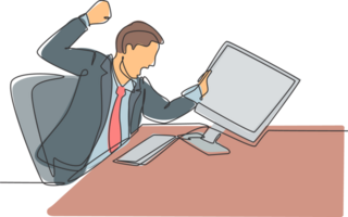 Single continuous line drawing of young frustrated employee ready to punch monitor computer using his fist hand. Work pressure at the office concept one line draw graphic design illustration png