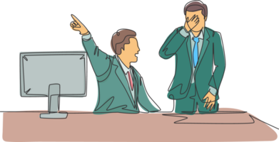 Single continuous line drawing of young angry manager yelling and drive away his crying male staff out of the room. Job office dismissal concept one line draw design graphic illustration png