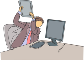 uno soltero línea dibujo de joven furioso masculino trabajador Listo a aplastar monitor computadora utilizando archivo carpeta. trabajo sobrecargar a el oficina concepto continuo línea dibujar diseño gráfico ilustración png