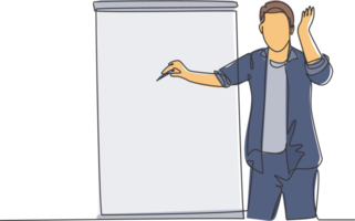 One continuous line drawing of young presenter pointing finger on audience who want to ask while doing presentation. Workshop presentation concept single line draw design graphic vector illustration png