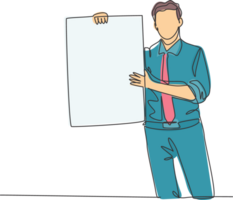 One single line drawing of young presenter holding big screen board to introduce new product of company. New product launch presentation concept continuous line draw design graphic illustration png