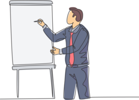 Single continuous line drawing of young businessman pointing the infographic on screen board using a marker. Business presentation at the office concept. Trend one line draw design illustration png