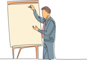 Single continuous line drawing of young business coach writing strategy to increase company growth on flip chart in front of class. Business coaching concept one line draw design illustration png