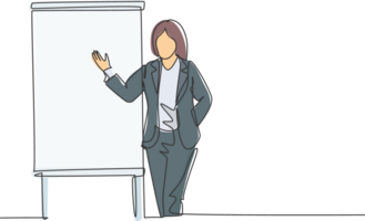 One single line drawing of young businesswoman presenting new golden rules of company to the workers. Effective training presentation concept continuous line draw graphic design illustration png