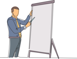 One continuous line drawing of young manager writing business success formula on flip chart and share it to audience. Business training concept single line draw design illustration png