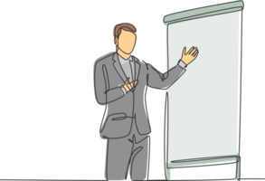 Single continuous line drawing of presenter present product technology innovation to his colleagues at office. Work strategic planing presentation concept one line draw design illustration png