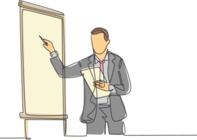 One continuous line drawing of businessman presenter drawing graph chart on screen board while on meeting. Business presentation at the office concept single line draw design illustration png