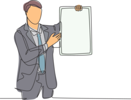 Single continuous line drawing of young presenter giving instruction using little blackboard while meeting at the office. Work presentation concept one line draw design graphic illustration png