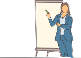 One single line drawing of young female presenter thinking while doing presentation at the office during meeting. Work presentation concept continuous line draw graphic design illustration png