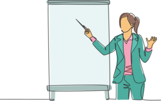 One single line drawing of young female presenter pointing the finger to screen with marker. Business presentation at the office concept. Trendy continuous line draw design graphic illustration png