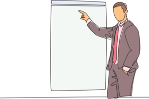 Single continuous line drawing of young business coach pointing finger to the screen board while coaching in front of class. Business coaching concept one line draw design graphic illustration png