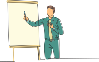 One single line drawing of young presenter explaining business strategy during team meeting. Effective training presentation for work office concept continuous line draw design illustration png