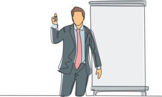 One continuous line drawing of young presenter giving thumbs up gesture to the audience while meeting. Business presentation at the office concept single line draw design illustration png