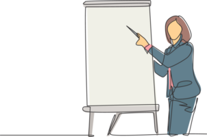 One single line drawing of young female presenter teaching how to do effective presentation. Productive presentation at the office concept continuous line draw design graphic illustration png