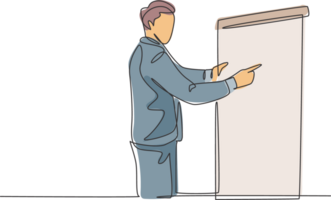 Single continuous line drawing of young sales manager pointing a finger to the infographic on screen board during meeting. Work presentation at office concept one line draw design illustration png