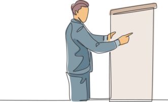 Single continuous line drawing of young sales manager pointing a finger to the infographic on screen board during meeting. Work presentation at office concept one line draw design illustration png