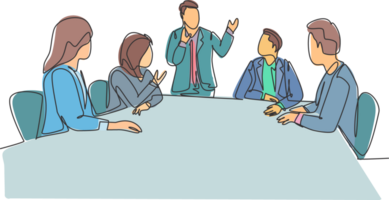 One continuous line drawing of young happy board of directors discussing company profit sharing during meeting. Business training concept. Trendy single line draw design graphic illustration png