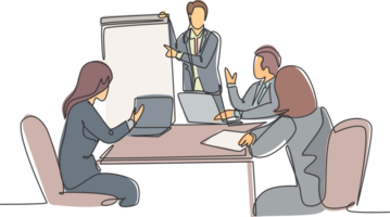 One continuous line drawing of young happy instructor presenting marketing strategy at the office discussion. Sales improvement meeting concept single line draw design graphic illustration png