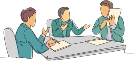 Single continuous line drawing of young happy businessmen discussing in meeting room to collaborate at some projects. Business collaboration concept one line draw design graphic illustration png