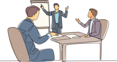 Single continuous line drawing of young happy business coach presenting lesson to class members. Business meeting and presentation concept. Modern one line draw design graphic illustration png