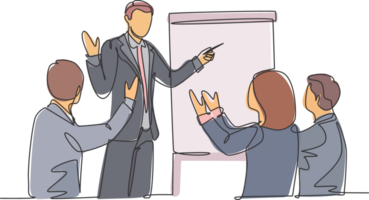 Single continuous line drawing of young happy business trainer presenting great lesson and clapped by the audience during meeting. Team training concept. Trend one line draw design illustration png