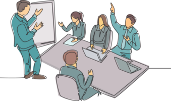 One single line drawing of young business manager giving presentation to train apprentices at the office during meeting. Job training concept continuous line graphic draw design illustration png