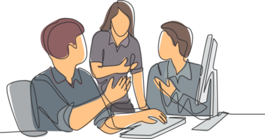 One continuous line drawing of young businessmen discussing new product launch during team meeting. Business innovation discussion concept. Modern single line draw design graphic illustration png