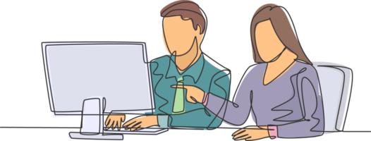 Single continuous line drawing of two young serious male and female worker watching sales chart on computer screen. Sales growth business concept one line draw design graphic vector illustration png