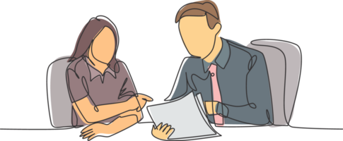 One single line drawing of two young male and female worker holding a paper and discussing about work together at the office. Job discussion concept continuous line draw design illustration png