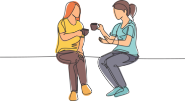 Single continuous line drawing of two young female worker have a casual chat over drink coffee during office break. Having small talk at work concept one line draw graphic design illustration png