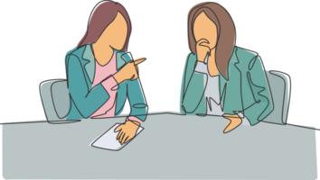 One continuous line drawing of two young happy business woman discussing project contract together during meeting. Business deal concept. Modern single line draw design graphic illustration png