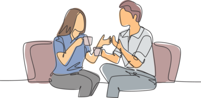 One continuous line drawing of young male and female worker chatting together while drink a cup of coffee during office break. Rest break at work concept single line draw design illustration png