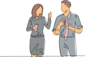 Single continuous line drawing of two young male and female worker holding paper cup drink and chatting during office break. Rest break at work concept one line draw design graphic illustration png