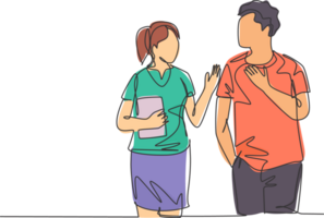 One continuous line drawing of young happy male and female couple take a talk and walk after course. Romantic lover relationship concept. Modern single line draw design illustration graphic png