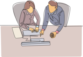 One continuous line drawing of young businessman and businesswoman talking new product launch while watching presentation on screen. Business talk concept single line draw design illustration png