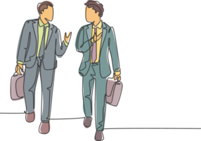 One single line drawing of two young company business men take a walk and talk together after company meeting. Business conversation concept continuous line draw design graphic illustration png